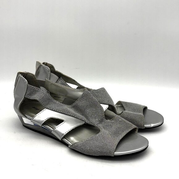 Easy Street Womens 7M Metallic Silver Wedge Sandals Open Toe Stretch Comfort - Picture 1 of 7